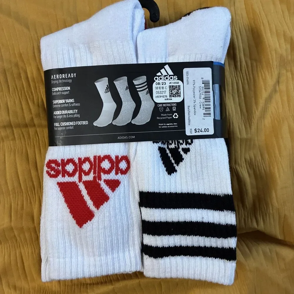 Adidas Socks Men’s Size 6-12 Cushioned Crew 6 Pair AEROREADY Compression